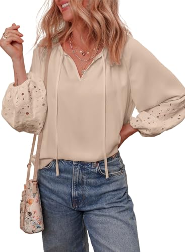 EVALESS Womens Tops Dressy Casual V Neck Long Sleeve Hollow Out Embroidered Blouses Shirts Spring Summer Outfits 2025