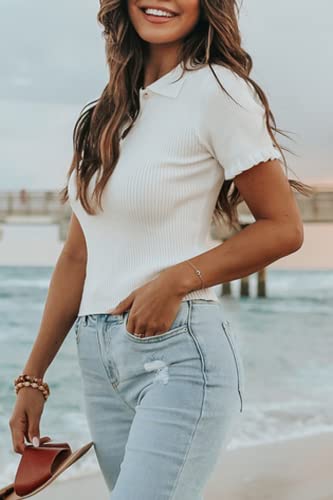 Womens Short Sleeve Sweater Tops V Neck Button Collared Ribbed Knit Pullover Shirt Slim Cropped Summer Blouse Tee White #TOP2