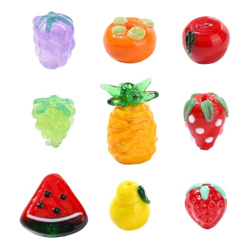LiQunSweet 9 pcs 9 Styles Imitation Fruit Handmade Lampwork Beads Strawberry Grape Persimmon Glass Beads for DIY Jewelry Bracelet Necklace Crafts Keychain Bag Decor