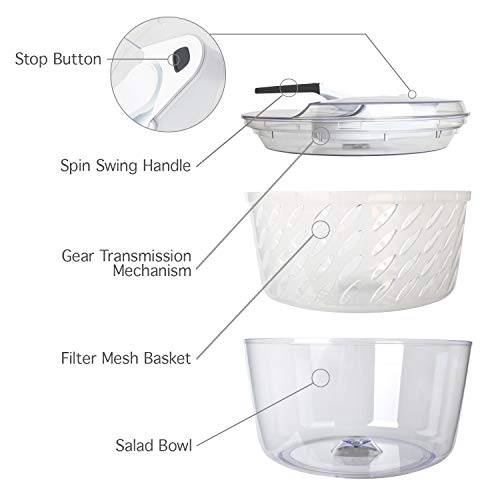 Freshmage Large 6 Quarts Salad Spinner, Easy Use Effortless Quick Drying Vegetable Fruit Salad Spinner Washer and Dryer with Clearance Salad Bowl and Mesh Colander
