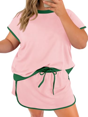 Beautife Womens Plus Size 2 Piece Shorts Set Summer Short Sleeve Color Block Shirts and Skort Casual Matching Sets
