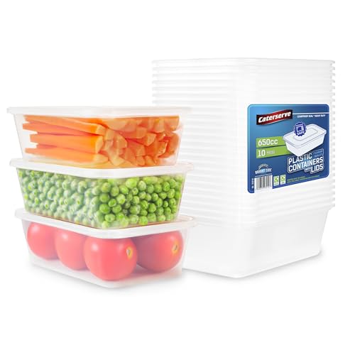 Caterserve Takeaway Plastic Containers With lids - Microwave and Dishwasher safe - Ideal for Food storage and Meal Prep - BPA free recyclable reusable (10-650CC)