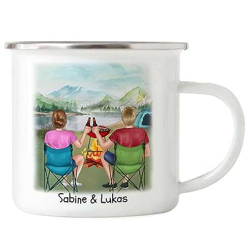 Kiddle-Design Camping Emaille Tasse Pärchen Paar Zelten Wohnmobil Womo Van Camper Wohnwagen Personalisiert Geschenk für Camper mit Name