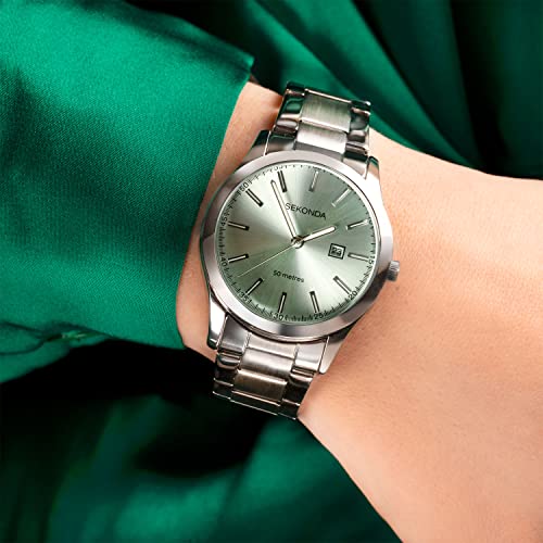 Sekonda Taylor Ladies 34mm Quartz Watch in Green with Analogue Date Display, and Silver Stainless Steel Strap 40397 - Image 3