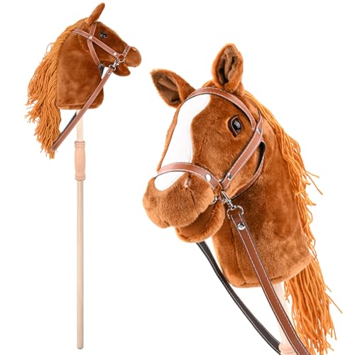LustLocke® Caballo de Juguete con Cabestro y Riendas, Cabeza de Caballo con Palo, Hobby Horse, para Uso en Interiores y Exteriores, Cumpleaños para Niños(Marrón Oscuro)