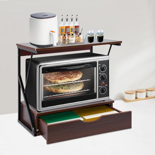 EurHomePlus Estantería de cocina de 2 niveles para panadero, estantería para microondas, estantería de cocina de madera con 1 cajón, estante organizador de encimera de cocina con soporte (roble +
