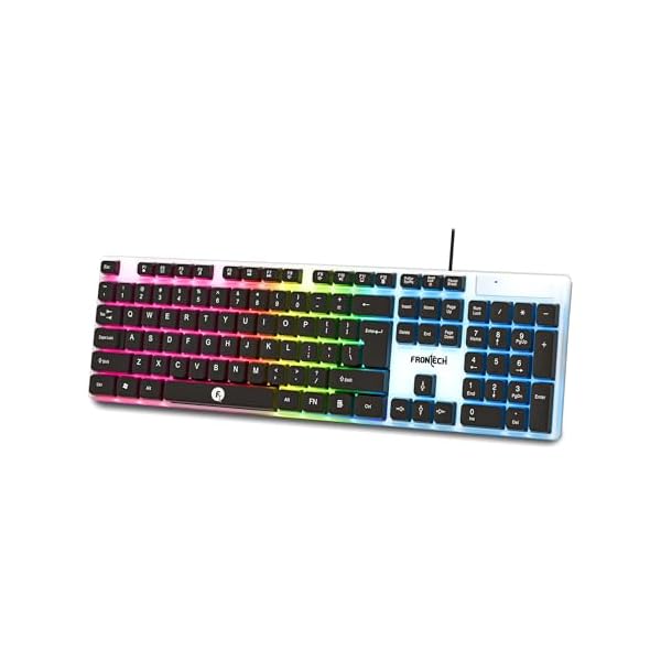 FRONTECH Wired Gaming Keyboard with 104 Keys | Rainbow Backlight Effect | Membrane Keys with Retractable Stands | USB Plug & Play | Ergonomic Design | Easy to Use (KB-0042, White & Black)