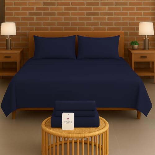 Image of Trance Home Linen 300 TC Bamboo Flat King Size Bedsheet | Soft, Breathable & Eco-Friendly Bedsheet with 2 Pillow Cover - (108 x 108 inch, Mediterranean Blue)