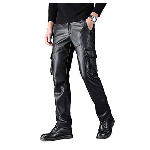 Idopy Men`s Multi Pockets Motorcycle Workwear PU Faux Leather Cargo Pants Black/38