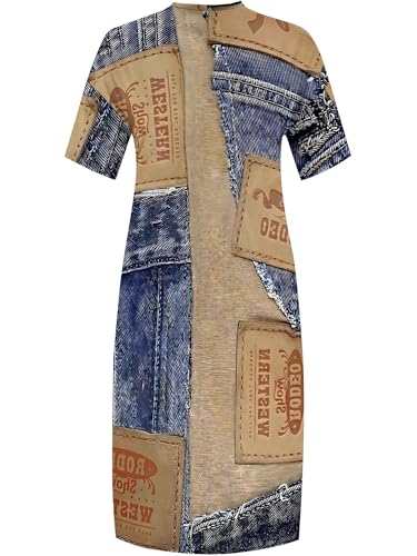 Image of SUZONANA Plus Size Denim Print Maxi Dresses for Curvy Women Casual Blue Jean Dress Summer Short Sleeve Tshirt Western Cowgirl Outfits XL