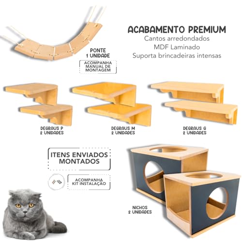 Playground Para Gatos 9Pçs Premium Resistente Já Montado Com Kit Fixação (Frente Preta)