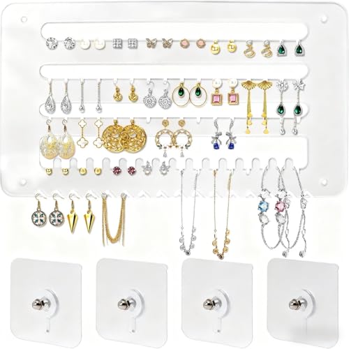 Vookkp Necklaces Holder Acrylic Necklace Hanger Wall Mounted Jewellery Organiser Earrings Storage Holder Display Hangers with 4Pcs Screw Stickers for Bracelets, Chains, Ring, Gift for Girls Women