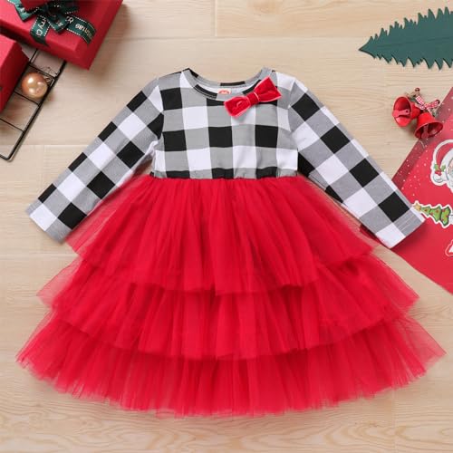 Kids Baby Girls Xmas Outfits Long Sleeve Plaid Tiered Tulle Dress and Hair Bow, 2pcs Set3
