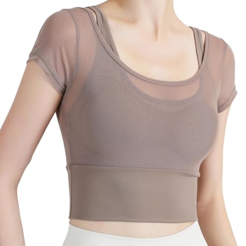 T-shirt de yoga 2 en 1 femme Harssidanzar CL303US en maille respirante avec brassière
