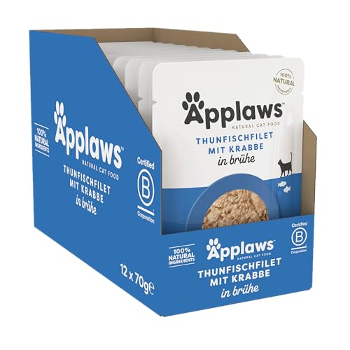 Applaws 100% natürliches Nassfutter für Katzen, Thunfischfilet mit Krabben in Brühe - Packung mit 12 x 70g Beuteln