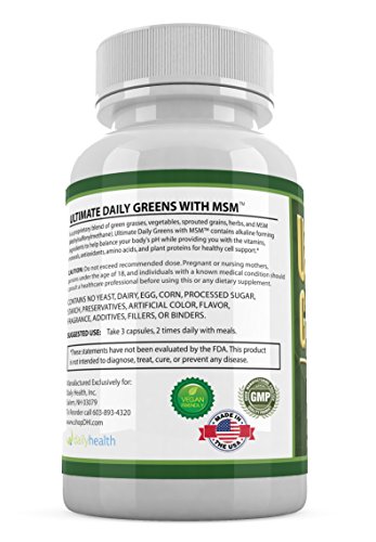 Daily Health, Ultimate Greens With Msm 1925Mg Vegan Friendly Natural Ingredients Gluten Soy Free No Gmo Superfood Vegetable Nutritional Alkalizing Immune Energy Support Supplement 180 Capsules #TOP4