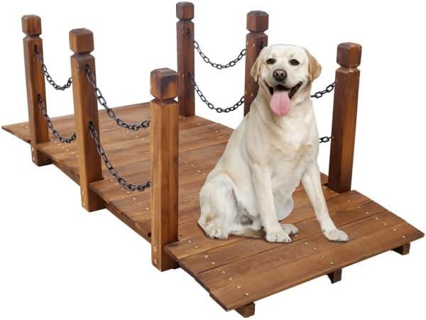 5 ft Garden Bridge, Classic Wooden Arch with Chain Railings Stained Finished Footbridge, Decorative Pond Landscaping, Backyard, Creek or Farm