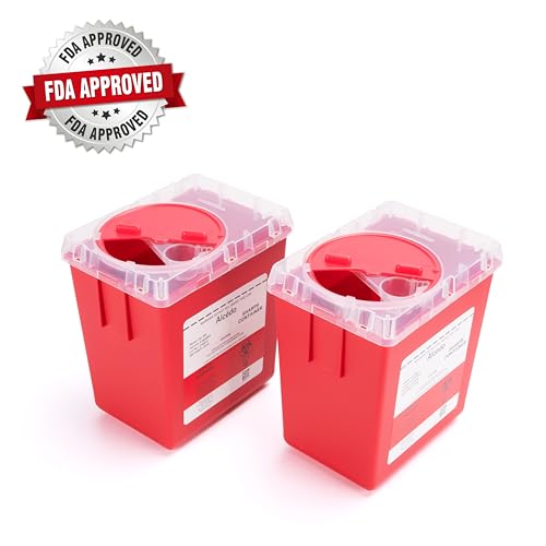 Image of Alcedo 2 Quart Sharps Container (5-Pack) for Needle & Syringe Disposal | Small & Portable, Built-In Needle Removal Port, Clear Lid, Ideal for Home, Travel & Professional Use