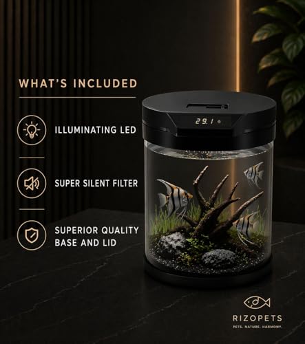 Image of rizopets Q-6 Cylindrical Smart Aquarium Fish Tank with Digital Temperature Display, lamp LED 5 WATT Filter Pump 3 watt Black, Round Shape(Size 31 cm x 31 cm x 36.5 cm.) Capacity 11 litres