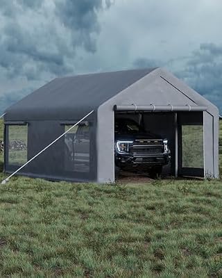 GarveeLife 13x20 ft Portable Garage, Car Port with 220 g PE Tarp Cover, with Front & Rear Roll-Up Doors and 4 Windows, for Temporary Paint Booth, Boats&Pickups Shed, and Event Shelter, Gray