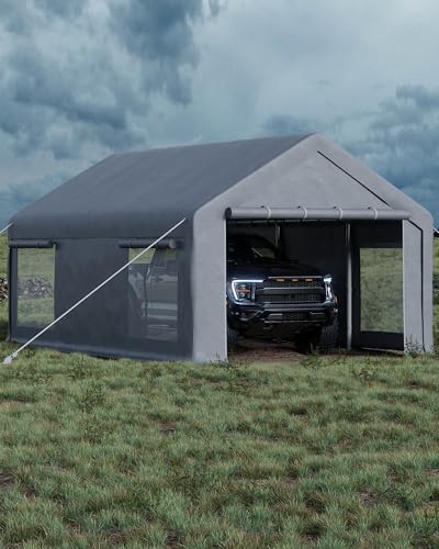 GarveeLife 12x20 Ft Carport, Car Port with 200g PE Tarp, Roll-Up Doors, and 4 Windows, for Full-Size Pickups, Bass Boats, Tractors, and SUVs, Gray
