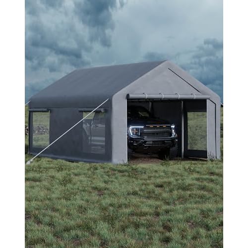 Garvee 12x20 ft Portable Garage, Car Port with 200 g PE Tarp Canopy, with 2 Roll-Up Doors and 4 Windows, for Temporary Paint Booth, Boats&Pickups Shed