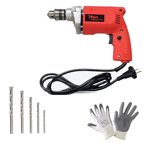 Image of Hillgrove HGCM1109M3 500W Power Drill Machine with Gloves, 5Pcs Masonry Drill Bits for Making Holes in Metal /Wood /Concrete Pistol Grip Drill (10 mm Chuck Size)