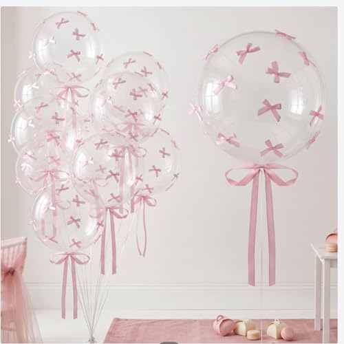 HyDren 15 Pcs Bobo Balloons with Bow Bows Party Decoration Set 20 Inch Transparent Bubble Bobo for Girl Coquette Birthday Decorations Wedding Party Decoration(Pink)