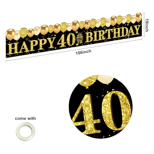 Image of Kuxriox Happy 40th Birthday Decoration for Men Women, Large 40th Birthday Banner Backdrop, Black Gold 40 Year Old Birthday Sign Party Supplies(9.8x1.6ft)