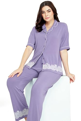 Image of ZEYO - Women's Viscose Floral Printed Night Suit Set of Shirt & Pajama Set