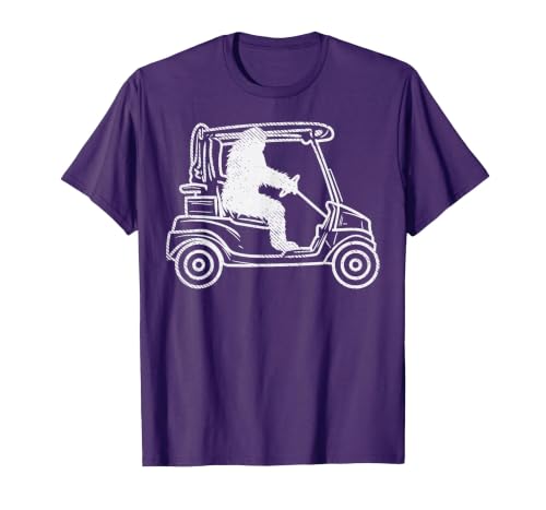 Bigfoot Sasquatch Driving Golf Cart Funny Golfing Golfer T-Shirt, Men, Purple, Medium