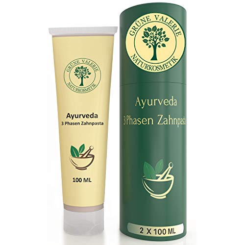 Pasta de dientes trifásica ayurvédica | Grüne Valerie ® Libre de flúor 100 ML con 17 hierbas, raíces, flores, aceites altamente efectivos, sal marina y tierra curativa. ¡Sin aluminio y sin flúor!
