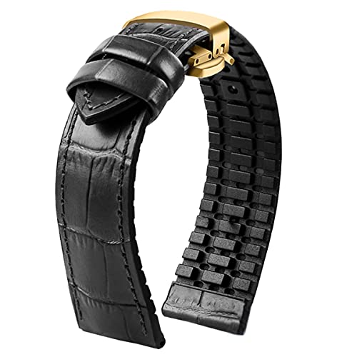 Strapseeker Troy Gold Schmetterlingsverschluss FKM Uhrenarmband aus Kalbsleder, schwarz, braun, Ersatzarmband aus Silikon, Hybrid-Performance, sportliches, Größe wählbar (Schwarz, 19 mm) Cover