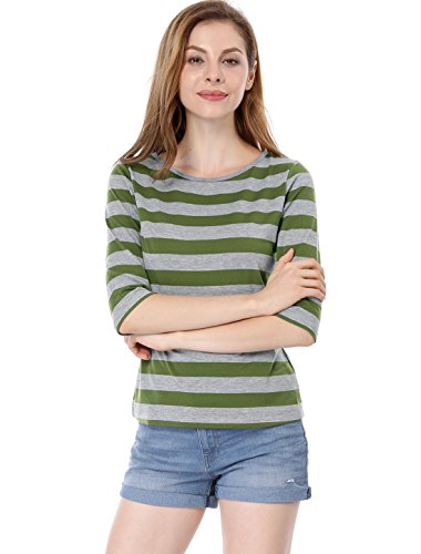 Allegra K Women's Elbow Sleeves Top Round Neck Slim Fit Tee Casual Printed T-Shirt Small Green #TOP3