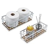 MyGift 13 and 12 Inch Nesting Storage Baskets with Handles, Wall Mounted or Tabletop White Metal Wire and Premium Acacia Wood Decorative Shelf...