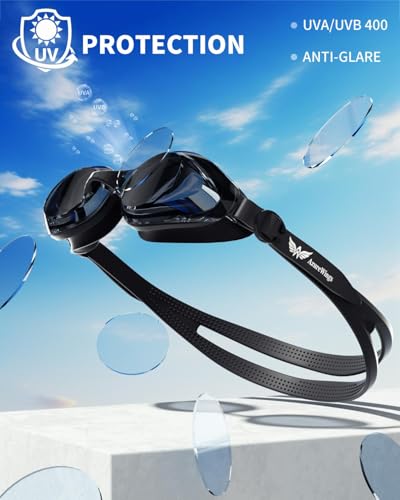AzureWings Swim Goggles + Swim Cap Women Men Adult Kit, Anti-Fog UV No Leak - Upgraded HD Racing Goggles Swimming for Men & Women, Black-Smoke + Cap — view 4