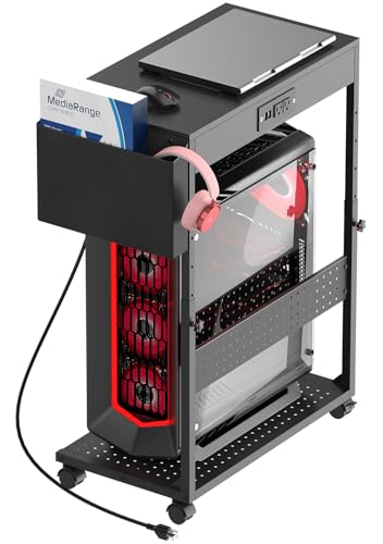 Adjustable Computer Tower Stand with Power Outlets & USB Charging,Heavy-Duty Rolling PC Stand,Under Desk CPU Holder Cart for ATX Case, Gaming PC, E-Sports & Home Office, Black