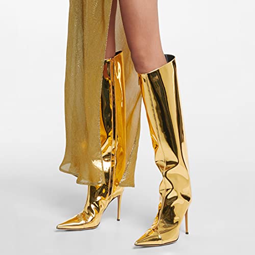 Image of Arqa Knee High Boots for Women Wide Calf 4 in Stiletto High Heel Metallic Boots Winter Chrome Zipper Long Boots Dressy Party Shoes