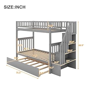 Citylight bunk beds twin over twin sizewood bunk bed with stairs and trundlestairway bunk beds with storage shelves for kids teens girls boysno box spring needed grey  urban country home decor