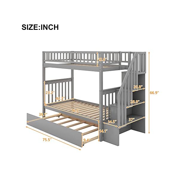 Citylight bunk beds twin over twin sizewood bunk bed with stairs and trundlestairway bunk beds with storage shelves for kids teens girls boysno box spring needed grey  urban country home decor