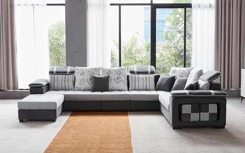 Image of Tyler 9 Seater Sofa Set for Living Room | U Shape Sectional Fabric Sofas with 4 Puffy | U Shape Sofa Set (Darkgrey & Lightgrey)