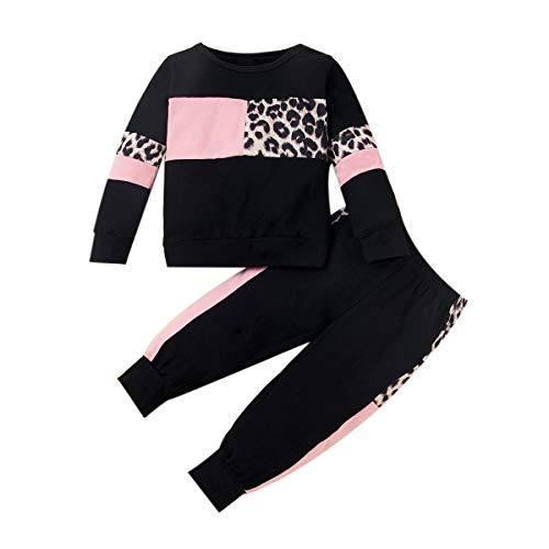 ZOEREA Bébé Fille Ensemble de Vêtements Mode Manches Longues Lettre Imprimer T-Shirt Tops + Pantalon à Léopard + Bandeau Enfants Tenues Set,12-18 mois,Noir,70