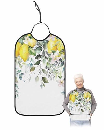 LEOKOTI Summer Lemon Adult Bibs for Eating, Waterproof Bibs with Food Catcher & Adjustable Snap Closure, Spring Floral Eucalyptus Leaves Botanical Washable Clothing Protectors Adult Bibs for Elderly