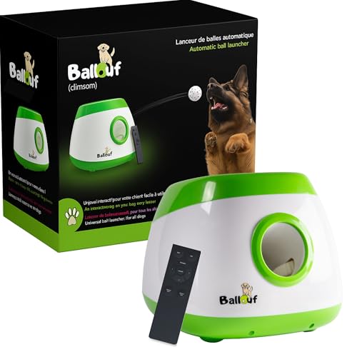 Climsom Automatischer Ballwerfer für Hunde Ballouf Deluxe Inklusive 6 Bälle - 6 Stunden Laufzeit - Inklusive Fernbedienung - 3 Entfernungseinstellungen