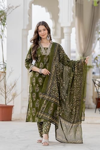 Image of PARTHVI Women's Cotton Printed Kurta Set with Pants & Dupatta | Elegant Ethnic Wear for Women | Floral Print | Comfortable Suit Set