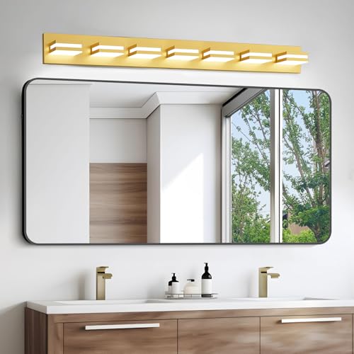 Image of IZORRO LED Modern Bathroom Lights Fixtures(7-Light,Dimmable,360Rotate),Brushed Glod Acrylic Wall Lighting,Vanity Lights for Bathroom Over Mirror - 6000k 40In (No Assembly Required)