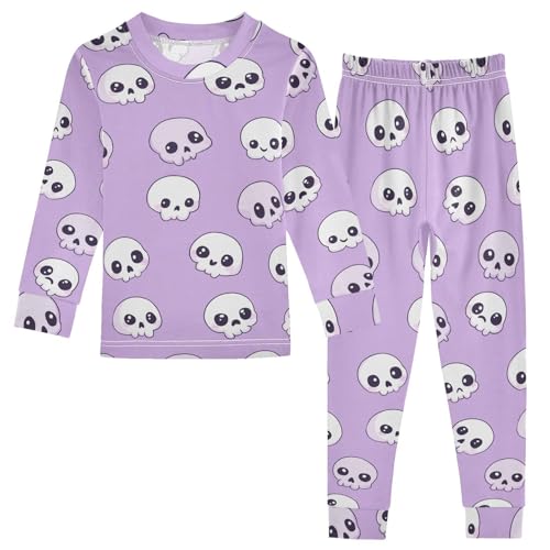 Fustylead Cute Cartoon Skulls with Big Eyes Cotton Pajamas 2-Piece Long Sleeve Sleepwear Matching Set
