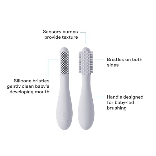 Image of ezpz Baby-Led Toothbrush (Pewter) - 3 Months + - 100% Silicone Infant Toothbrush with Sensory Bumps - Cleans Gums + New Teeth - Improves Hand-to-Mouth Coordination, Self-Feeding Skills