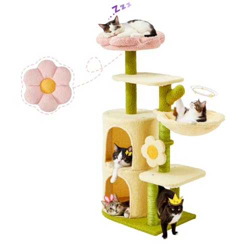 Erinnyees Flower Cat Tree 38.2 Inches Cat Tower Multi-Level Indoor Kitty Tree Tower Kitty House with Cozy Top Flower Platform Spacious Condos Soft Hammock Sisal Scratching Post