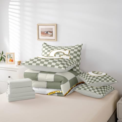Image of Erosebridal Sage Green Checkered King Comforter Set with Sheets 7 Piece Plaid Initial G Bed in A Bag Personalized Monogram Bedding Sets for Kids Adults,Fashion Grids Gingham Bed Set